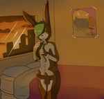  2013 balls bed bottomless clothed clothing erection green_eyes green_hair hair half-dressed lagomorph lotte_(munks) male mammal munks_(artist) necktie partially_clothed penis poster rabbit skyline solo sunset undressing 