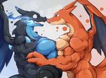  charizard dragon duo fire grey_background male mega_charizard mega_charizard_x mega_charizard_y mega_evolution muscles nintendo nose_touching pok&eacute;mon simple_background surprise video_games waddledox weightlifting 