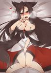  animal_ears blush breasts breath brown_hair cleavage dress fang fingering heart imaizumi_kagerou kaginoni large_breasts long_hair long_sleeves looking_at_viewer lying masturbation off_shoulder on_back on_bed open_mouth red_eyes solo sweat tail tears touhou wide_sleeves wolf_ears wolf_tail 