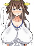  black_eyes blue_eyes breasts brown_hair collarbone erect_nipples female grin hair_ornament huge_breasts kantai_collection kongou_(kantai_collection) long_hair musuka_(muska) no_bra shirt simple_background smile solo sweatdrop translation_request upper_body white_background 