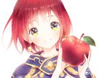  :d akagami_no_shirayukihime apple earrings food fruit gomzi green_eyes head_tilt holding holding_food holding_fruit jewelry looking_at_viewer open_mouth red_hair shirayuki_(akagami_no_shirayukihime) short_hair simple_background smile solo upper_body white_background 