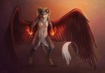  2015 anthro bone_necklace brown_fur canine claws demon elemental feathered_wings feathers female fire fire_elemental fox fur grey_fur horn looking_at_viewer mammal naira paws portrait red_eyes red_feathers red_fur red_stripes riyoko snarling solo spread_wings teeth white_fur wings 