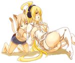  ahoge animal_ears ass barefoot blonde_hair blue_eyes blush breasts brown_hair cat_ears cat_tail character_request cleavage denim denim_shorts grabbing grabbing_from_behind headphones height_difference huge_ahoge large_breasts long_hair multiple_girls no_bra no_pants notequal_hath open_clothes open_shirt panties red_eyes shirt shorts t-shirt tail thighhighs underwear white_legwear yuri 