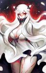  absurdres ahoge breasts covered_mouth cowboy_shot dress eyelashes highres horns kantai_collection large_breasts long_hair looking_to_the_side midway_hime red_eyes shinkaisei-kan sideways_glance solo tsurime veins very_long_hair viorie white_dress white_hair white_skin wind 