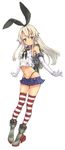  absurdres black_panties blonde_hair blush commentary_request elbow_gloves gloves hairband highres kantai_collection long_hair looking_at_viewer navel panties shimakaze_(kantai_collection) skirt solo striped striped_legwear suzuki24 thighhighs underwear white_gloves 