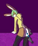  2012 anal anal_beads blush butt clothed clothing disembodied_hand green_eyes green_hair hair hoodie lagomorph legwear looking_back lotte_(munks) male mammal munks_(artist) partially_clothed rabbit raised_tail sex_toy solo stockings 