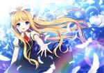  air beckoning blonde_hair blue_eyes feathers floating_hair hair_ribbon highres kamio_misuzu lens_flare long_hair looking_at_viewer mauve outstretched_arm outstretched_hand ponytail ribbon school_uniform sky smile solo very_long_hair wind 