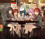  6+girls :o >:) ahoge aika_warazu anchor_symbol black_eyes black_hair black_skirt braid brown_eyes brown_hair chair cherry_blossoms commentary_request drink drinking drinking_straw eating eyepatch fairy_(kancolle) flag flower food hair_flower hair_ornament hand_on_own_cheek hand_on_own_face hat highres huge_ahoge kantai_collection kiso_(kancolle) kitakami_(kancolle) kuma_(kancolle) long_hair long_sleeves multiple_girls ooi_(kancolle) open_mouth orange_eyes pen photo_(object) pleated_skirt ponytail purple_hair sailor_hat school_uniform serafuku short_hair shorts single_braid sitting skirt smile table tama_(kancolle) v-shaped_eyebrows writing yamato_(kancolle) z_flag 