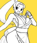  1zu3 :d bad_id bad_pixiv_id bangs between_breasts breasts long_hair open_mouth parted_bangs pelvic_curtain ponytail shiranui_mai smile solo the_king_of_fighters wide_hips yellow_background 