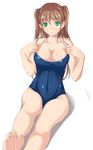  breasts brown_hair cleavage competition_school_swimsuit feet green_eyes harami large_breasts legs long_hair one-piece_swimsuit original simple_background sitting solo strap_pull swimsuit twintails white_background 