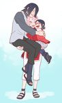  2girls black_hair carrying closed_eyes family father_and_daughter glasses haruno_sakura hug long_hair mother_and_daughter multiple_girls naruto naruto_(series) pink_hair red-framed_eyewear risuo short_hair smile uchiha_sarada uchiha_sasuke 