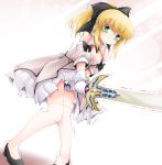  anbee_(arary) artoria_pendragon_(all) bangs bare_shoulders between_legs black_bow black_footwear black_ribbon blonde_hair blush bow breasts cleavage closed_mouth crystal detached_collar dress dutch_angle embarrassed eyebrows_visible_through_hair fate/stay_night fate/unlimited_codes fate_(series) female frilled_dress frills gem gloves green_eyes hair_ribbon have_to_pee highres holding holding_sword holding_weapon knees_together_feet_apart light_blush looking_down pigeon-toed ponytail ribbon saber_lily shiny shiny_skin shoes small_breasts solo standing sweat sword thighhighs tied_hair trembling weapon white_dress white_gloves white_legwear 