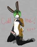  2012 balls bow choker clothed clothing dripping erection gloves green_eyes green_hair hair kneeling lagomorph legwear looking_at_viewer lotte_(munks) male mammal munks_(artist) partially_clothed penis rabbit solo stockings 