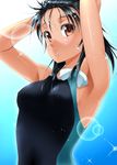  arms_up black_hair brown_eyes competition_swimsuit highres long_hair one-piece_swimsuit original solo sumeragi_tomo swimsuit 
