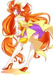  absurdres amanogawa_kirara boots bow brown_hair cure_twinkle earrings full_body gloves go!_princess_precure highres jewelry leaning_forward long_hair looking_back low-tied_long_hair magical_girl md5_mismatch multicolored_hair precure purple_eyes purple_skirt quad_tails red_hair skirt solo standing star star_earrings streaked_hair thigh_boots thighhighs twintails two-tone_hair very_long_hair white_background white_footwear white_gloves white_legwear yellow_bow yupiteru 