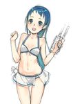  bikini bikini_skirt blue_eyes blue_hair blush branch_(blackrabbits) cowboy_shot gun kantai_collection long_hair looking_at_viewer navel open_mouth samidare_(kantai_collection) simple_background smile solo swimsuit very_long_hair weapon white_background white_bikini 