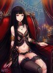 black_hair bridal_gauntlets candlestand chair cross def_(chronowarld) doll_joints green_eyes heterochromia jewelry leg_garter long_hair navel necklace original red_eyes single_thighhigh sitting solo thighhighs very_long_hair 
