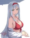  :d artist_name bikini breasts brown_eyes cleavage collarbone commentary_request dated front-tie_top hairband kantai_collection long_hair looking_at_viewer medium_breasts off_shoulder open_mouth red_bikini rokuwata_tomoe shoukaku_(kantai_collection) silver_hair simple_background smile solo strap_gap swimsuit twitter_username umbrella white_background 