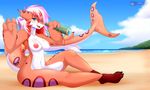  anthro beach blue_eyes breasts cloud female fish hair looking_at_viewer marine mleonheart multicolored_hair nipples nude open_mouth peace_sign_(disambiguation) seaside shark sitting sky smile solo spots telescope tongue tree water 