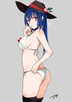  adapted_costume bikini blue_hair blush breasts food from_side fruit hat highres hinanawi_tenshi long_hair medium_breasts peach red_eyes sideboob solo swimsuit tetsurou_(fe+) thighhighs touhou 