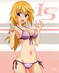  :d absurdres bikini blonde_hair blush breasts cameltoe charlotte_dunois cleavage collarbone cowboy_shot front-tie_top highres infinite_stratos long_hair low_ponytail medium_breasts navel open_mouth outstretched_hand pointing pointing_up purple_bikini purple_eyes scan side-tie_bikini smile solo string_bikini swimsuit yuuki_homura 