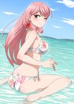  akashi_(kantai_collection) bikini blush floral_print flower green_eyes hair_flower hair_ornament hair_ribbon hibiscus kantai_collection long_hair looking_at_viewer minarai_zouhyou one_eye_closed partially_submerged pink_hair ribbon smile solo swimsuit tress_ribbon 