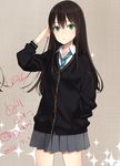  2015 brown_hair buttons cardigan dated green_eyes hair_between_eyes hand_in_pocket idolmaster idolmaster_cinderella_girls long_hair looking_at_viewer necktie ooyari_ashito pleated_skirt school_uniform shibuya_rin skirt solo standing 