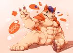  abs abstract_background anthro brown_eyes canine claws corgi dog featureless_crotch fur hat male mammal muscles nude one_eye_closed pawpads peace pen simple_background sitting smile solo waddledox wink 
