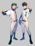  ace_of_diamond baseball baseball_bat baseball_mitt baseball_uniform brown_hair clothes_writing green_hair kuramochi_youichi male_focus mocchiri_oyaji multiple_boys sawamura_eijun sportswear 