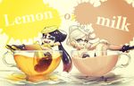  2girls ;d absurdres alternate_legwear aori_(splatoon) black_hair brown_eyes crown cup domino_mask dress drink earrings fangs food food_on_head fruit gloves grin hair_rings highres hotaru_(splatoon) in_container in_cup jewelry lemon long_hair mask minigirl multiple_girls object_on_head one_eye_closed open_mouth pantyhose partially_submerged pointy_ears puchiman short_dress short_hair short_jumpsuit silver_hair smile splatoon_(series) splatoon_1 strapless strapless_dress symbol-shaped_pupils tea teacup tentacle_hair unitard white_gloves white_legwear yellow_gloves yellow_legwear 