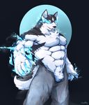  abs canine claws clothed clothing dog featureless_crotch half-dressed husky looking_at_viewer magic_user male mammal muscles open_mouth pants pants_down solo topless waddledox 