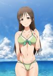  bikini breasts brown_eyes brown_hair cleavage cloud day front-tie_top highres idolmaster idolmaster_cinderella_girls inoshira long_hair looking_at_viewer medium_breasts navel nitta_minami skindentation sky smile solo swimsuit thigh_gap water wet 