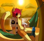  &lt;3 2013 armband balls cat clothed clothing erection eye_patch eyewear feline hair hammock male mammal munks_(artist) munks_(character) outside partially_clothed penis precum purple_eyes red_hair sea solo sunset water 