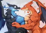  anthro anthrofied arm_grab blue_eyes duo lifting male mega_charizard mega_charizard_x mega_charizard_y mega_evolution muscles nintendo nude nuzzling open_mouth penis pok&eacute;mon red_eyes surprise video_games waddledox weights wide_eyed wings 