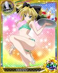  artist_request bishop_(chess) blonde_hair blue_eyes bow card_(medium) character_name chess_piece drink fang fang_out flower_bracelet hair_bow high_school_dxd long_hair looking_at_viewer midriff mittelt official_art sandals shiny shiny_skin shirt smile solo swimsuit tied_shirt trading_card tray 