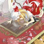  bad_id bad_pixiv_id blonde_hair different_reflection flandre_scarlet flower glass_shards kneeling looking_at_viewer mirror red_eyes reflection rose shirazugoe smirk solo touhou 