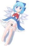  barefoot bloomers bloomers_pull blue_eyes blue_hair bow can cirno dress dress_lift dutch_angle full_body hair_ornament hair_ribbon highres ice ice_wings looking_at_viewer lying meranku navel on_back puffy_sleeves ribbon short_hair short_sleeves simple_background solo touhou underwear white_background wings 