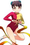  brown_eyes brown_hair bun_cover double_bun eyebrows_visible_through_hair feet fingers gymnast_leotard gymnastics gymnastics_ribbon half-soles hands highres leotard matsunaga_kouyou original palms red_leotard rhythmic_gymnastics ribbon short_hair solo spread_fingers yellow_leotard 