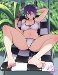  2015 barefoot bikini blue_hair breasts checkered checkered_neckwear cleavage collarbone eyepatch fang feet food headgear highres hori_shin kantai_collection large_breasts looking_at_viewer lying nail_polish navel necktie on_back open_mouth orange_eyes popsicle purple_nails short_hair soles solo spread_legs sweat swimsuit tenryuu_(kantai_collection) toenail_polish toes white_bikini 