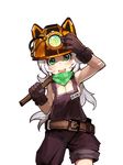  :d absurdres animal_ears animal_hat bebe1999 black_gloves blush breasts cat_ears cleavage gloves green_eyes hand_on_headwear hardhat hat helmet highres large_breasts long_hair naked_overalls open_mouth original overalls silver_hair simple_background smile solo white_background wrench 