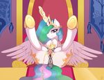  2015 absurd_res anus blush butt cutie_mark dock equine female feral friendship_is_magic glowing hair hi_res horn legs_up long_hair looking_at_viewer magic mammal multicolored_hair my_little_pony peeing presenting princess_celestia_(mlp) pussy ratofdrawn smile solo spread_legs spread_pussy spreading teats urine watersports winged_unicorn wings 