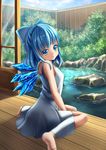  :o bare_shoulders barefoot blue_eyes blue_hair blush bow cirno dress fence from_behind garden hair_bow hair_ornament highres ice ice_wings kirimori_toya looking_at_viewer looking_back nature on_floor open_mouth pond ribbon rock short_hair sitting sleeveless solo touhou veranda wariza water white_dress wings wooden_fence wooden_floor 