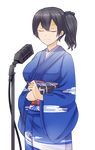  alternate_costume black_hair blue_kimono breasts clenched_hands closed_eyes commentary_request cowboy_shot frown highres japanese_clothes kaga_(kantai_collection) kaga_cape kantai_collection kimono koorogi_(misstext) large_breasts microphone_stand music obi sash short_hair side_ponytail singing solo transparent_background 