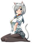  animal_ears black_legwear blue_eyes breasts cat_ears chikuishi commentary_request full_body gloves hair_over_one_eye hamakaze_(kantai_collection) kantai_collection large_breasts pantyhose pleated_skirt school_uniform serafuku short_hair short_sleeves silver_hair simple_background sitting skirt solo wariza white_background white_gloves 