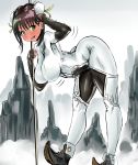  bent_over bodysuit breasts brown_hair fate/grand_order fate_(series) green_eyes hair_bun large_breasts legs long_legs looking_at_viewer looking_to_the_side mountain open_mouth polearm qin_liangyu_(fate) salute shoshinsha skin_tight sky tagme thighs weapon 