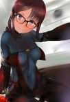  arm_support bodysuit breasts brown_eyes brown_hair consort_yu_(fate) fate/grand_order fate_(series) foreshortening glasses looking_at_viewer medium_breasts shoshinsha sitting skin_tight tagme thigh_gap 
