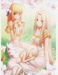  3girls absurdres ahoge albino artoria_pendragon_(all) blonde_hair breasts cherry_blossoms child cleavage dress fate/stay_night fate/zero fate_(series) flower green_eyes hair_ribbon highres illyasviel_von_einzbern irisviel_von_einzbern lap_pillow long_hair looking_at_viewer medium_breasts multiple_girls official_art outdoors red_eyes ribbon saber scan shy sitting sleeping small_breasts smile takeuchi_takashi very_long_hair white_hair 