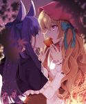  agekichi_(heart_shape) animal_ears black_hair blonde_hair blue_eyes extra_ears eye_contact hood little_red_riding_hood long_hair looking_at_another multiple_girls original pointy_ears red_eyes sharing_food yuri 