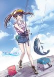  brown_eyes brown_hair cutoffs fish fishing_rod long_hair nanno_koto original solo twintails visor_cap 