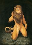  2015 anthro breasts brown_fur ear_piercing feline female fur green_eyes kneeling lion looking_at_viewer mammal neck_tuft orange_fur pawpads piercing scale_(artist) smile tattoo traditional_media_(artwork) tuft 